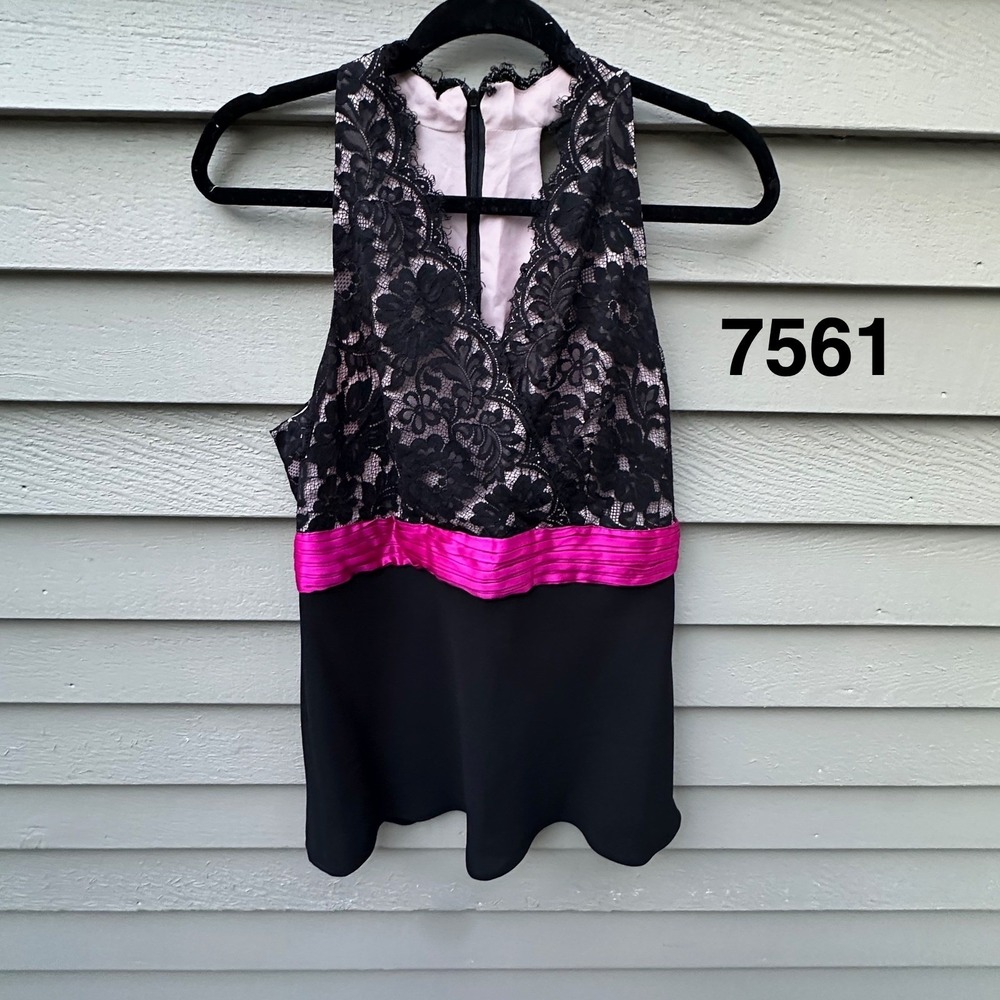 Donna Morgan Black Floral Lace Halter Top Pink Silk Waist Scalloped Hem Size 10